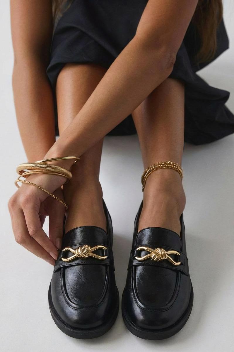 Norel Kadın Loafer Siyah Mat Deri Fiyonk Detaylı - ILOVESHOES