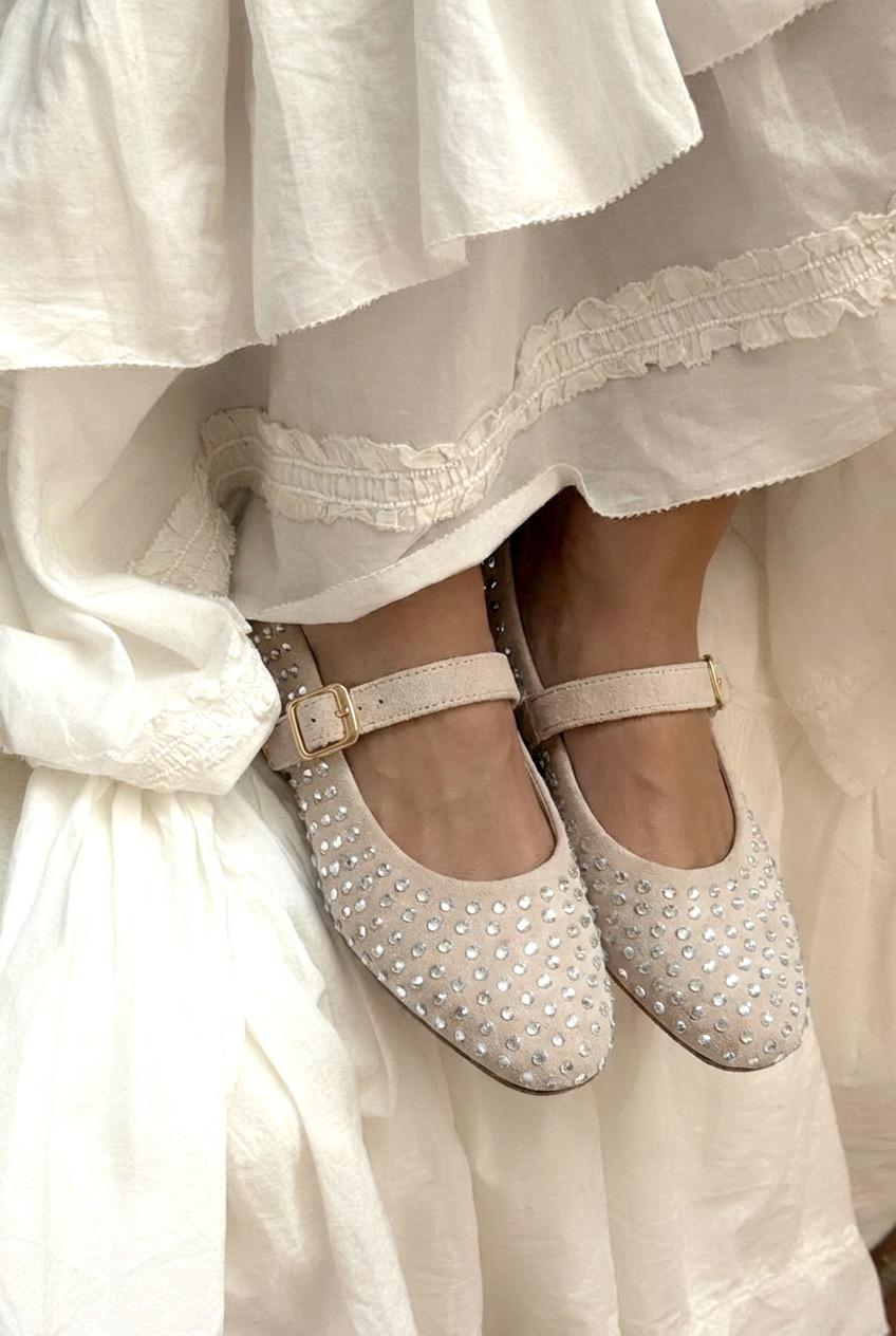 Orion Kadın Babet Bej Süet Taş Detaylı - ILOVESHOES