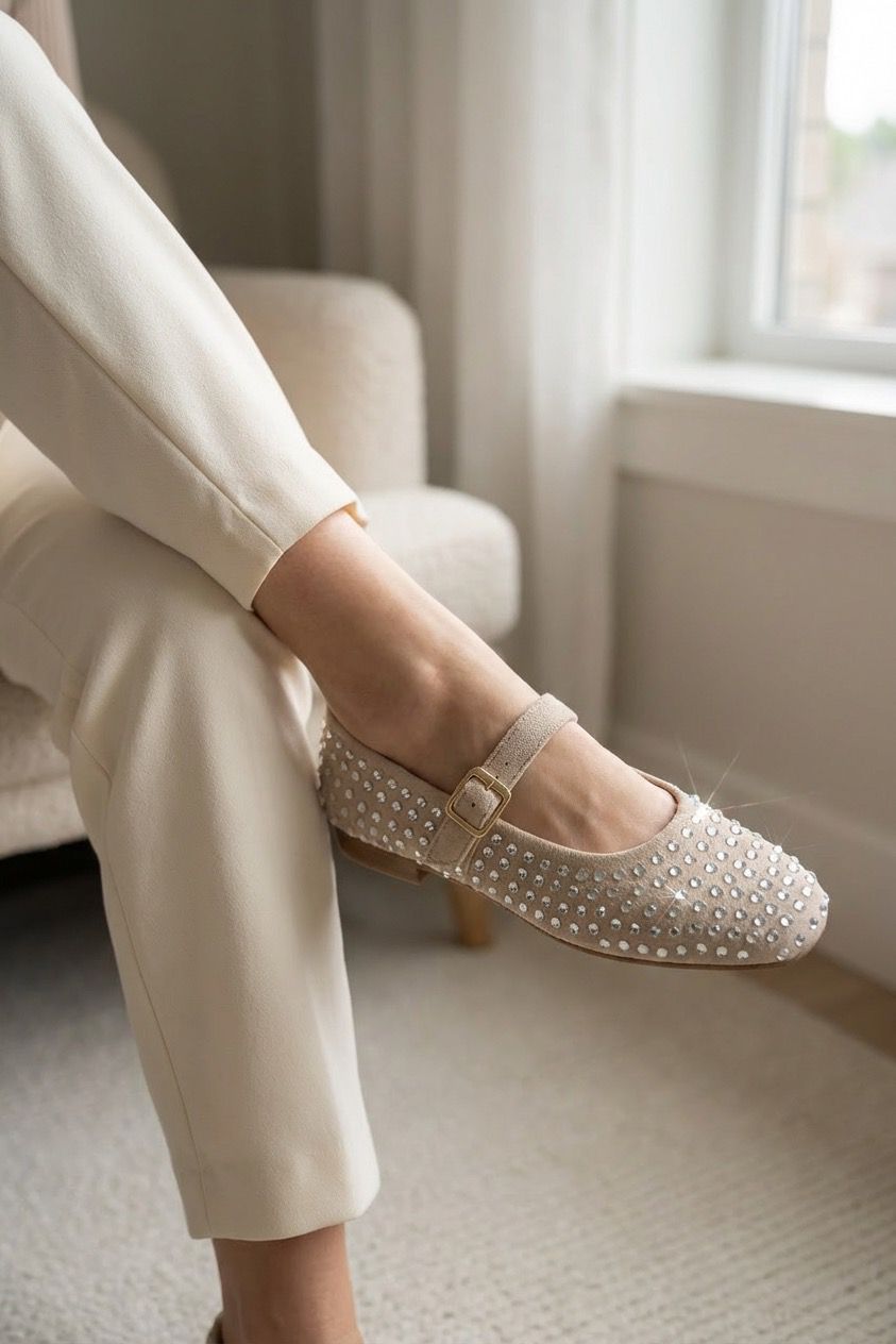 Orion Kadın Babet Bej Süet Taş Detaylı - ILOVESHOES