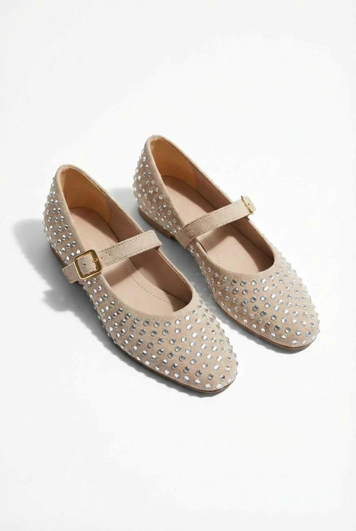 Orion Kadın Babet Bej Süet Taş Detaylı - ILOVESHOES