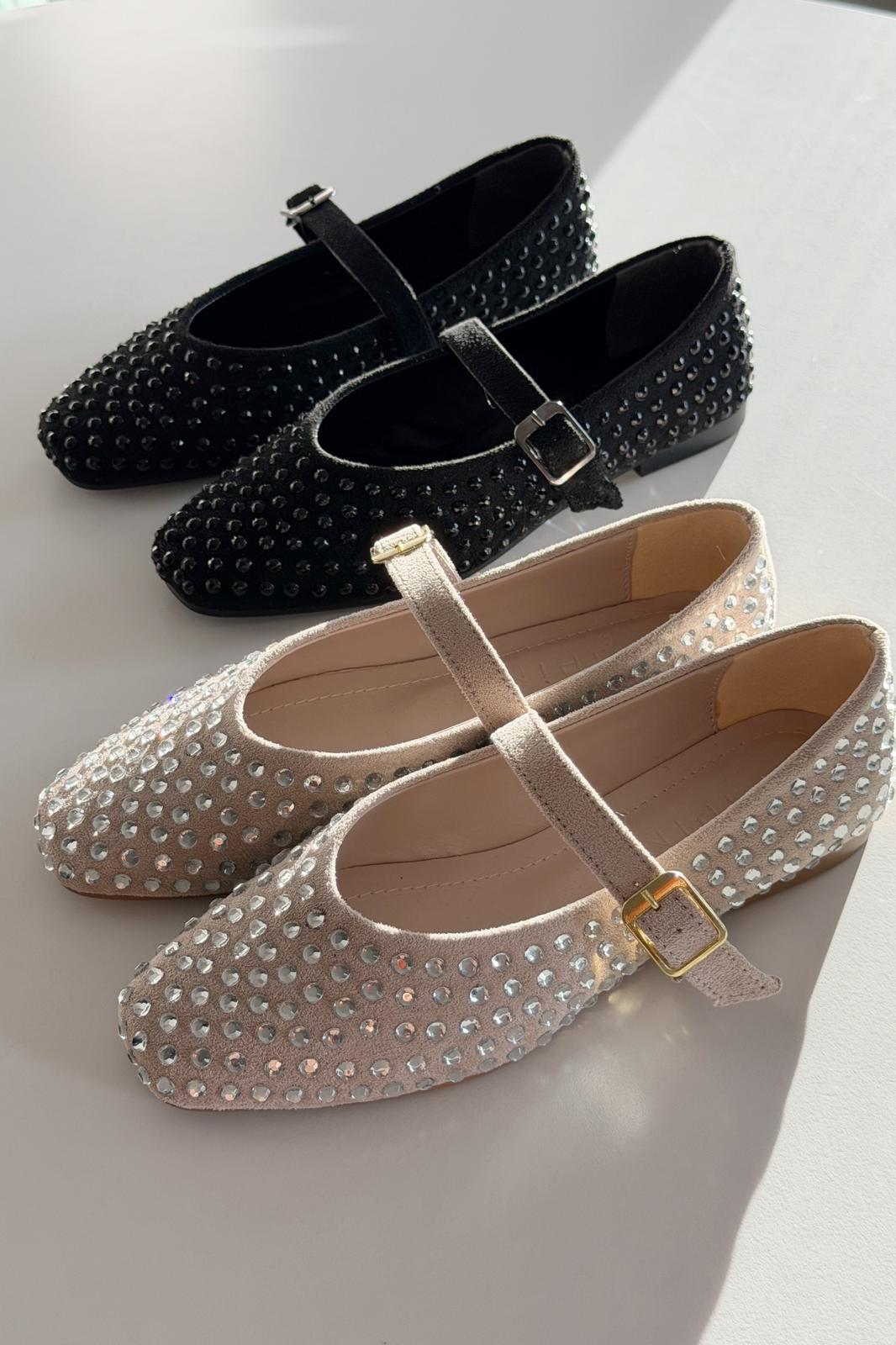 Orion Kadın Babet Bej Süet Taş Detaylı - ILOVESHOES