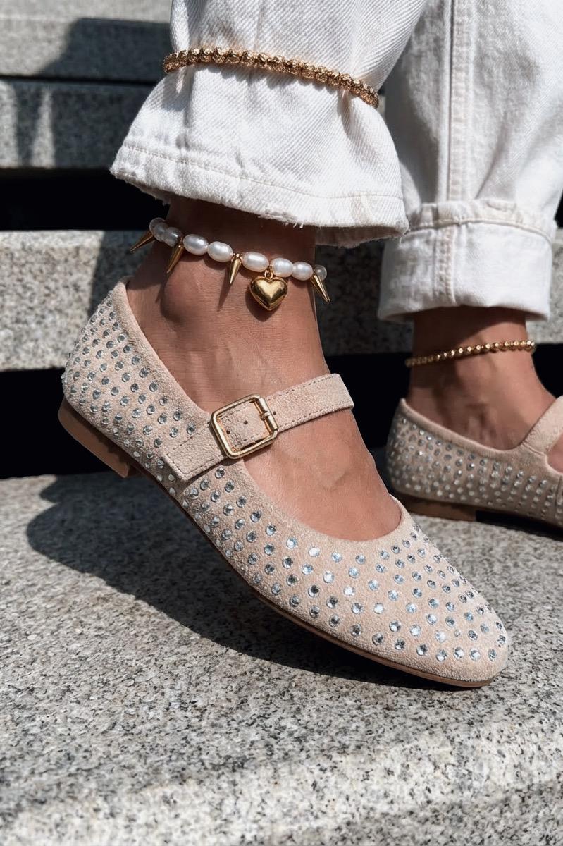 Orion Kadın Babet Bej Süet Taş Detaylı - ILOVESHOES