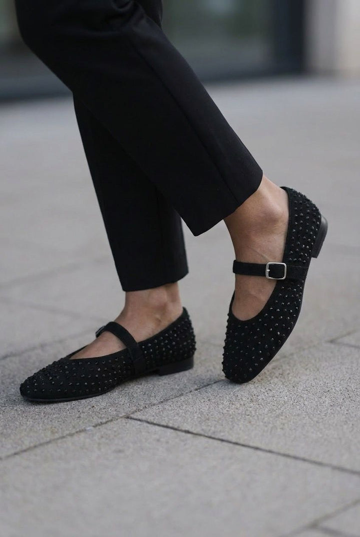 Orion Kadın Babet Siyah Süet Siyah Taş Detaylı - ILOVESHOES