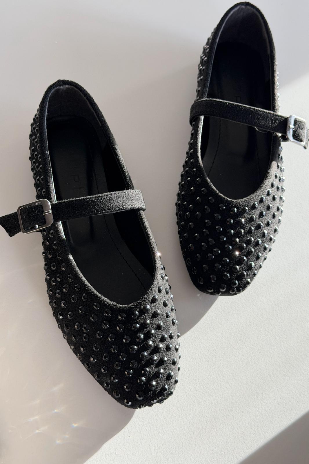 Orion Kadın Babet Siyah Süet Siyah Taş Detaylı - ILOVESHOES