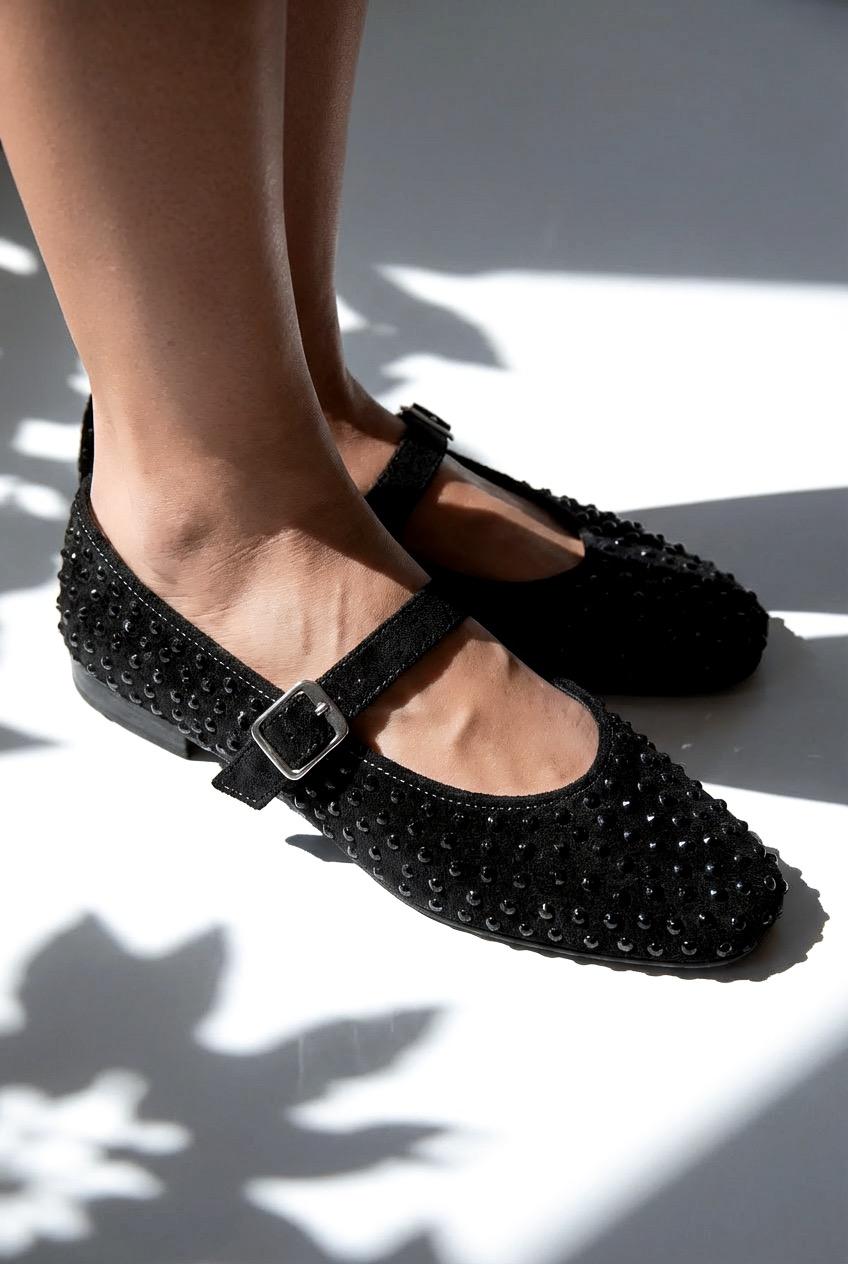 Orion Kadın Babet Siyah Süet Siyah Taş Detaylı - ILOVESHOES