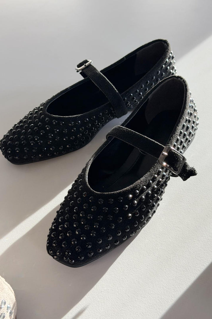 Orion Kadın Babet Siyah Süet Siyah Taş Detaylı - ILOVESHOES