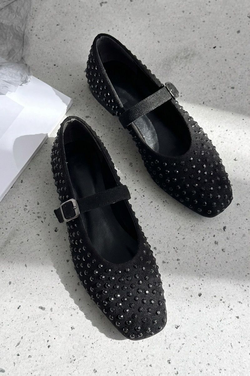 Orion Kadın Babet Siyah Süet Siyah Taş Detaylı - ILOVESHOES