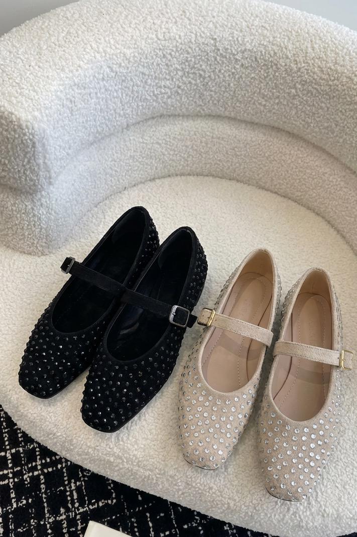 Orion Kadın Babet Siyah Süet Siyah Taş Detaylı - ILOVESHOES