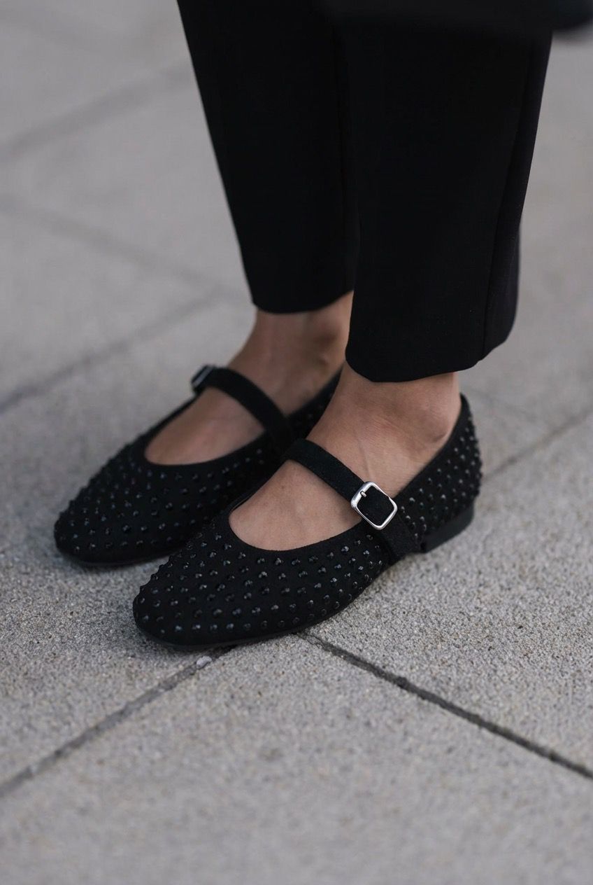 Orion Kadın Babet Siyah Süet Siyah Taş Detaylı - ILOVESHOES