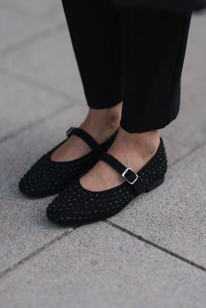 Orion Kadın Babet Siyah Süet Siyah Taş Detaylı - ILOVESHOES