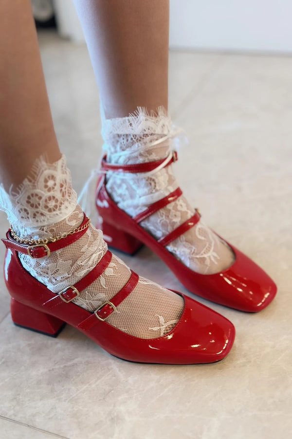 Noteras Rugan Mary Jane Kadın Topuklu Ayakkabı Kırmızı