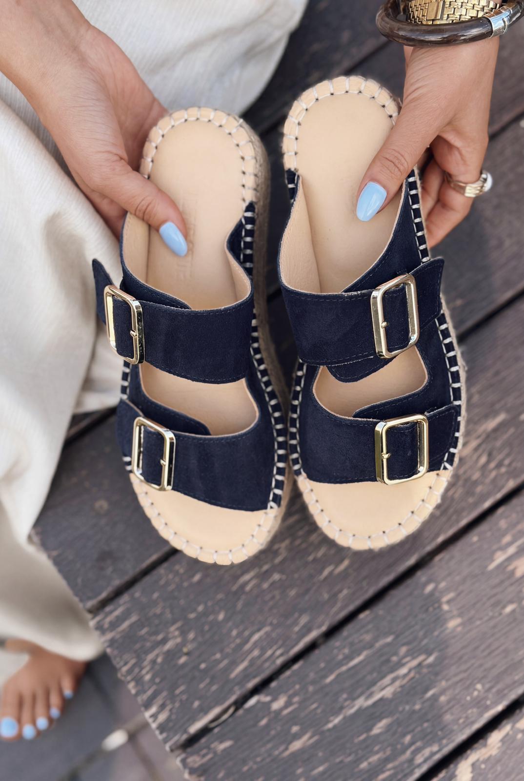 Serinel Lacivert Hakiki Süet Kadın Dolgu Topuklu Terlik - ILOVESHOES