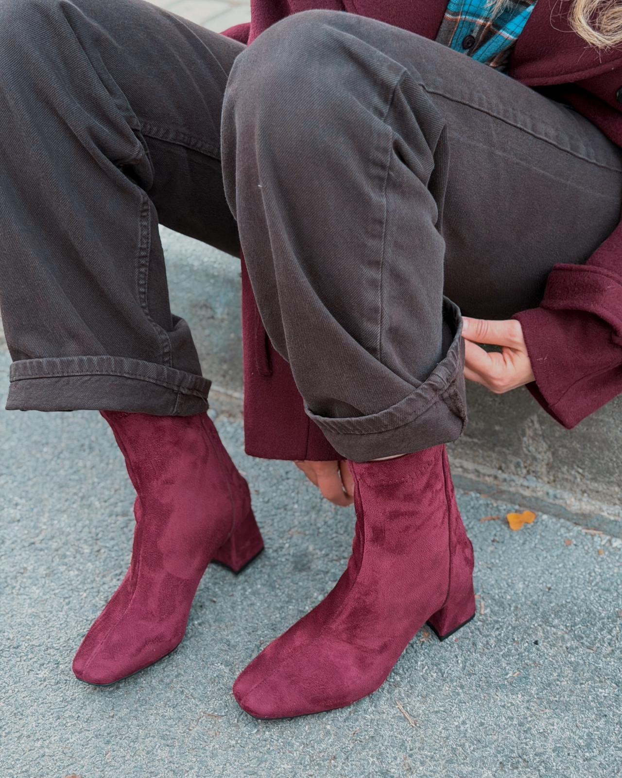 Jornel Kadın Topuklu Streç Bot Bordo Süet - ILOVESHOES