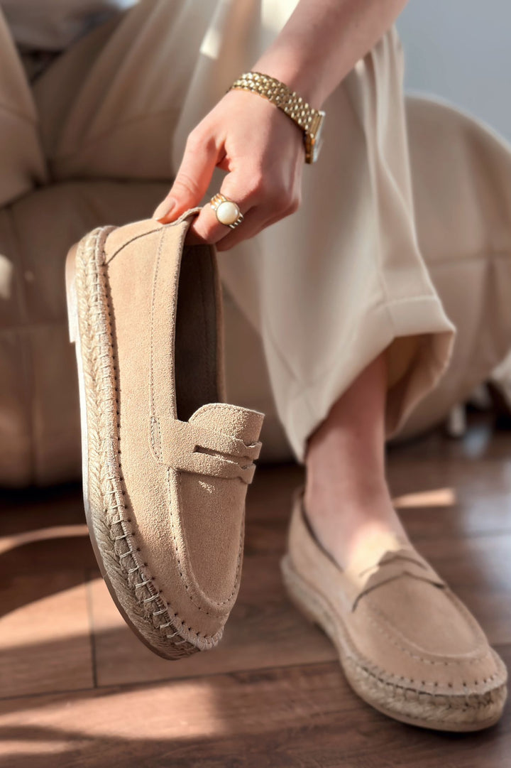 Celure Espadril Loafer Bej Hakiki Süet - ILOVESHOES