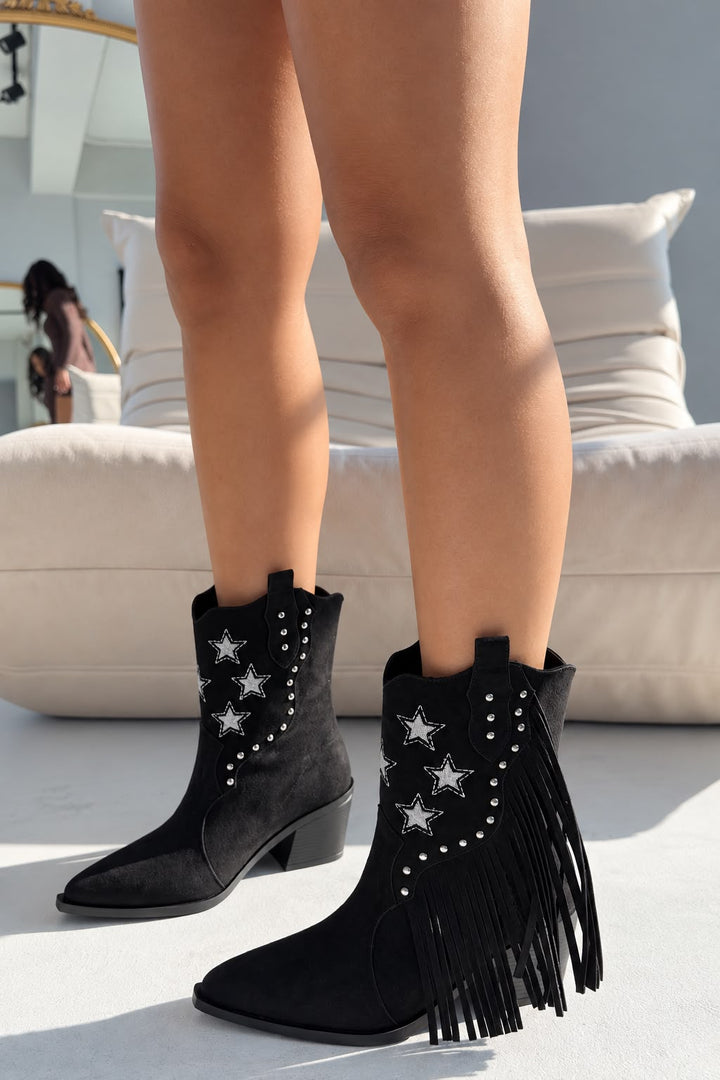 Silvene Siyah Süet Kadın Kovboy Çizme - ILOVESHOES