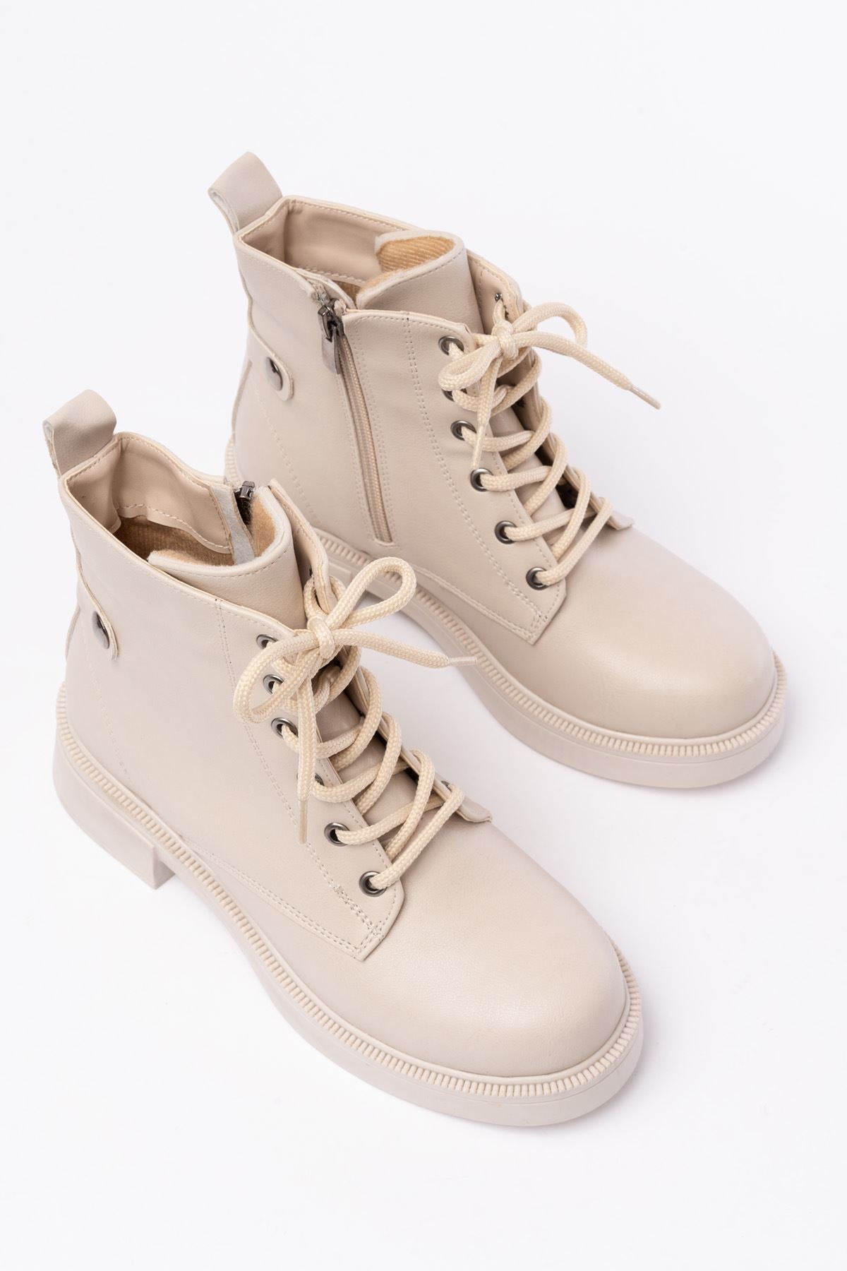 Luvica Bej Bağcıklı Fermuarlı Günlük Kadın Bot - ILOVESHOES