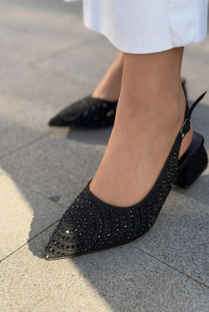 Dunes Topuklu Ayakkabı Siyah Saten Siyah Taşlı - ILOVESHOES
