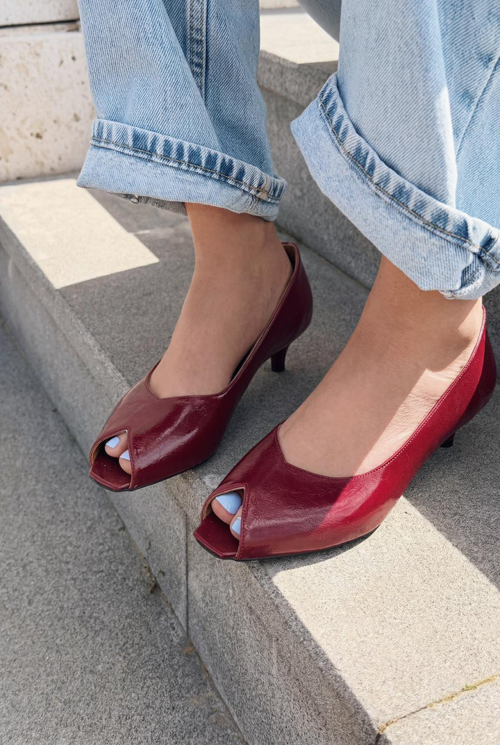 Norvion Hakiki Deri Kadın Topuklu Ayakkabı Bordo Kırışık Rugan - ILOVESHOES