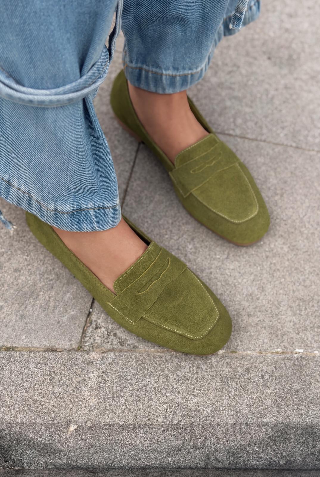 Melniel Hakiki Süet Kadın Loafer Haki - ILOVESHOES