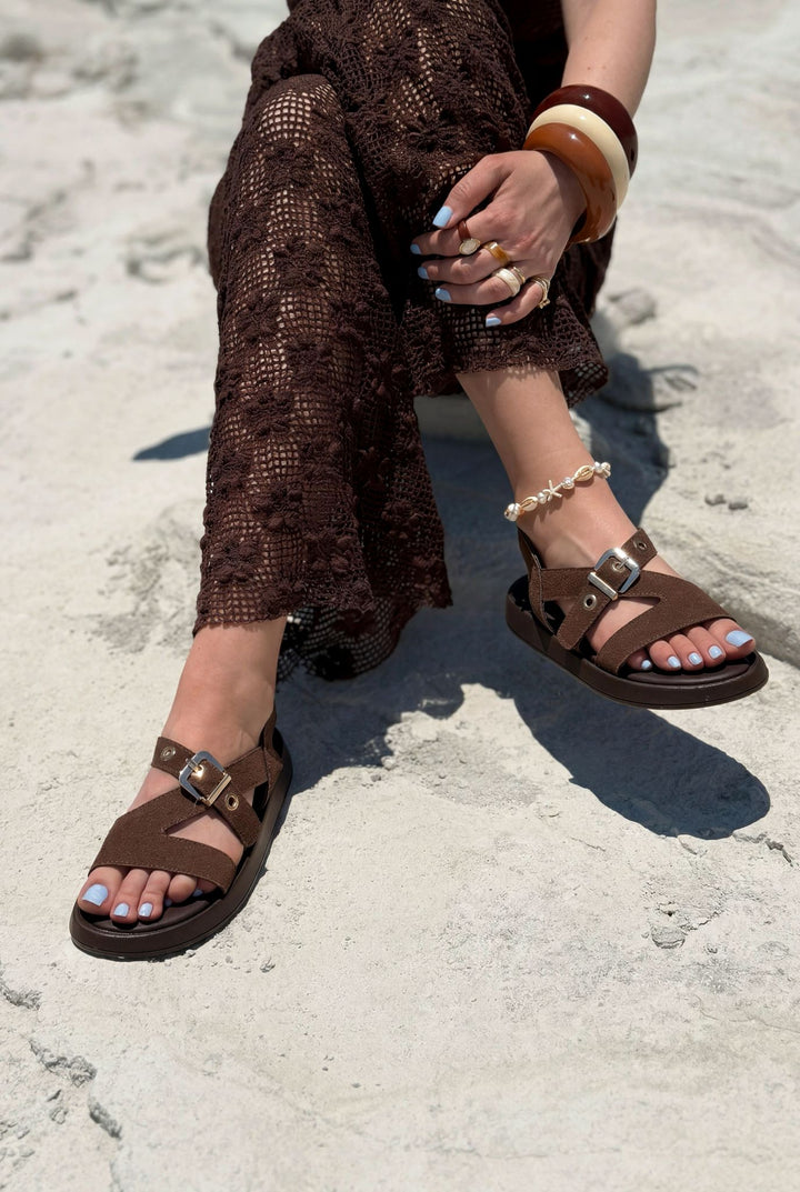 Melair Acı Kahve Süet Kadın Sandalet - ILOVESHOES