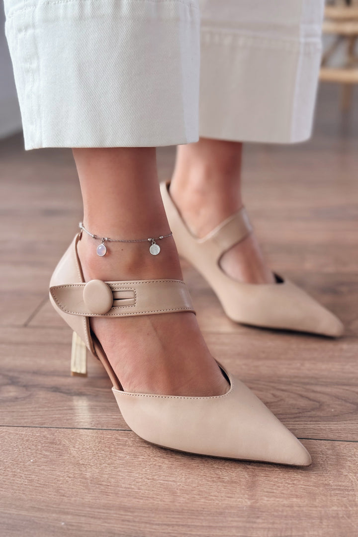 Wasord Mat Deri Düğme Detaylı Stiletto Nude