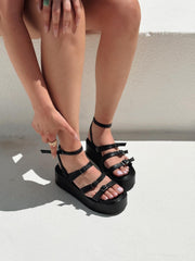 Ralou Mat Deri Siyah Bant Detaylı Dolgu Topuklu Sandalet - ILOVESHOES