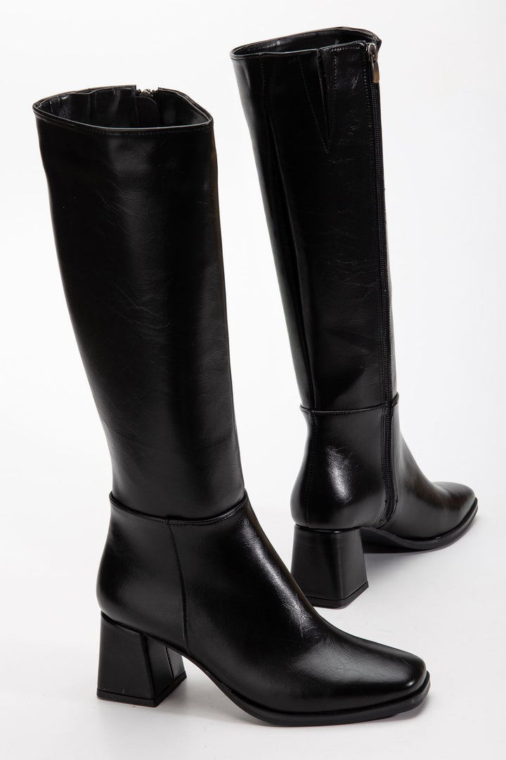 Lorisen Kadın Topuklu Çizme Siyah Kırışık Rugan - ILOVESHOES