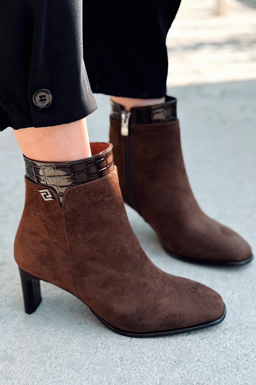 Pialer Kadın Topuklu Bot Taba Süet Kroko Detaylı - ILOVESHOES