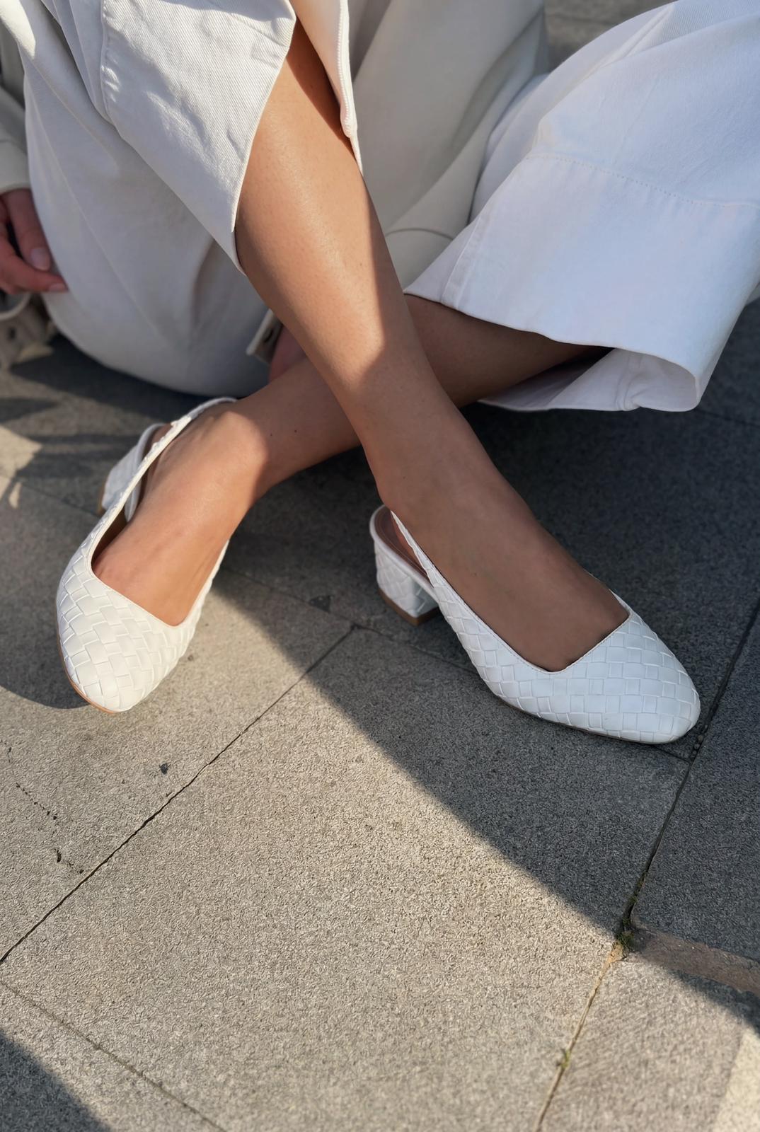 Solen Mary jane Topuklu Ayakkabı Beyaz Mat Deri Örgü Detaylı - ILOVESHOES