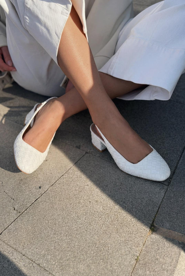Solen Mary jane Topuklu Ayakkabı Beyaz Mat Deri Örgü Detaylı - ILOVESHOES
