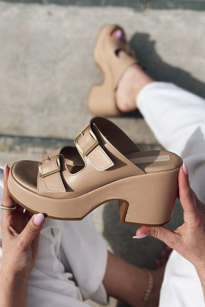 Livons Mat Deri Platform Topuklu Kadın Terlik Nude - ILOVESHOES