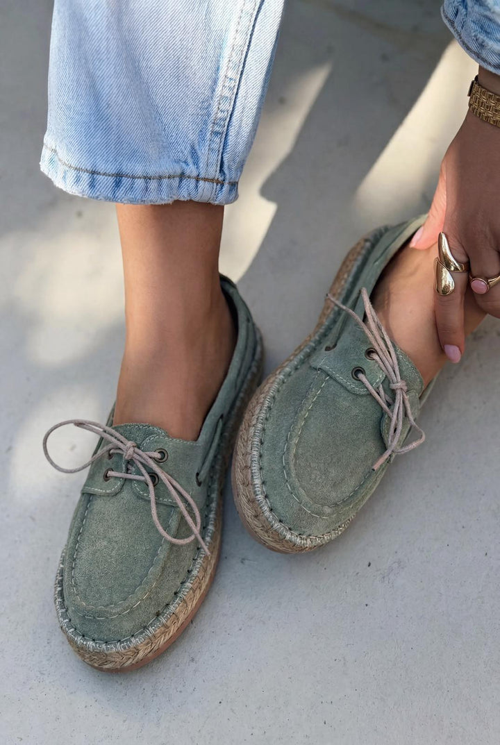Selora Bağcıklı Espadril Yeşil Hakiki Süet - ILOVESHOES