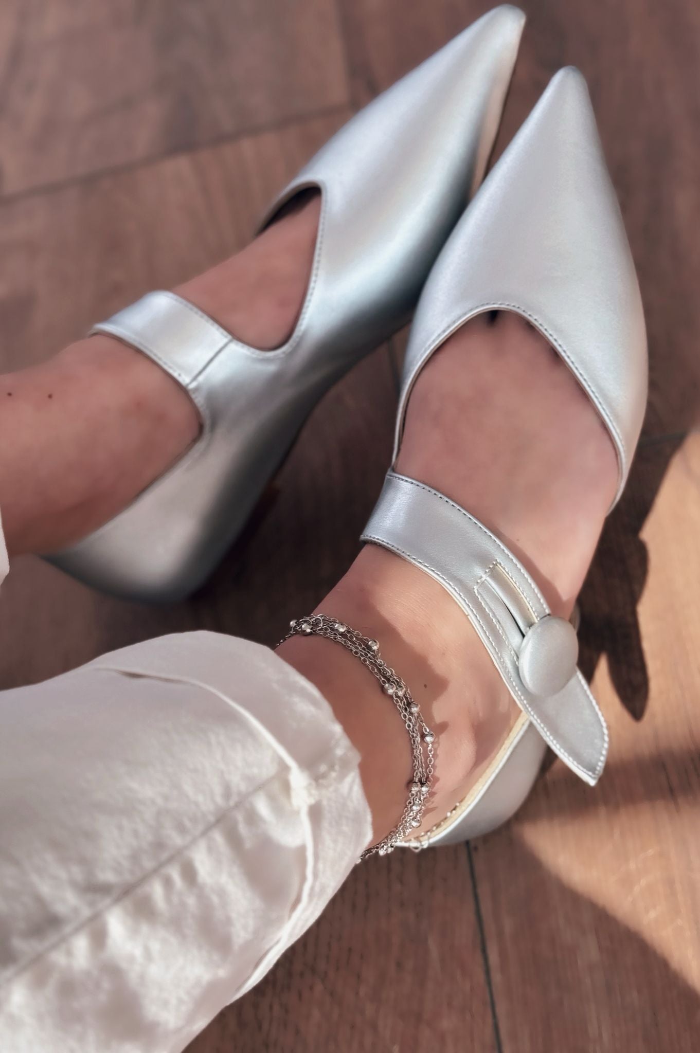 Peronsa Mat Deri Gümüş Düğme Detaylı Babet - ILOVESHOES