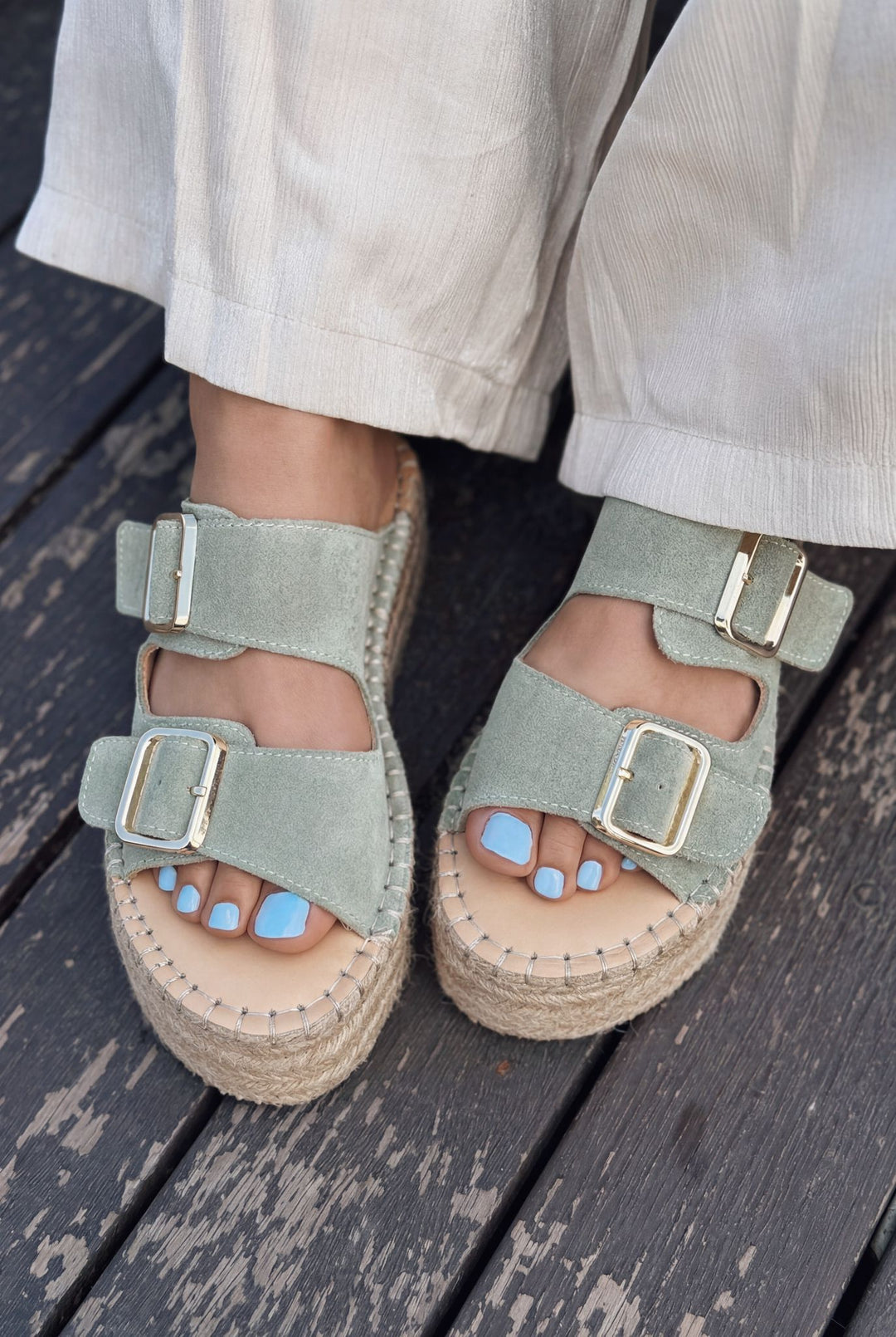 Serinel Yeşil Hakiki Süet Kadın Dolgu Topuklu Terlik - ILOVESHOES