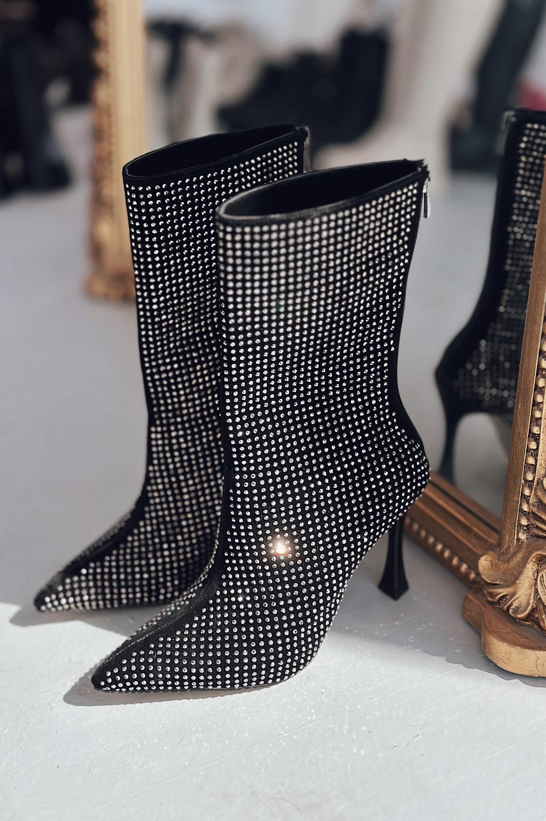 Simley Topuklu Kadın Çizme Siyah Süet Gri Taşlı - ILOVESHOES