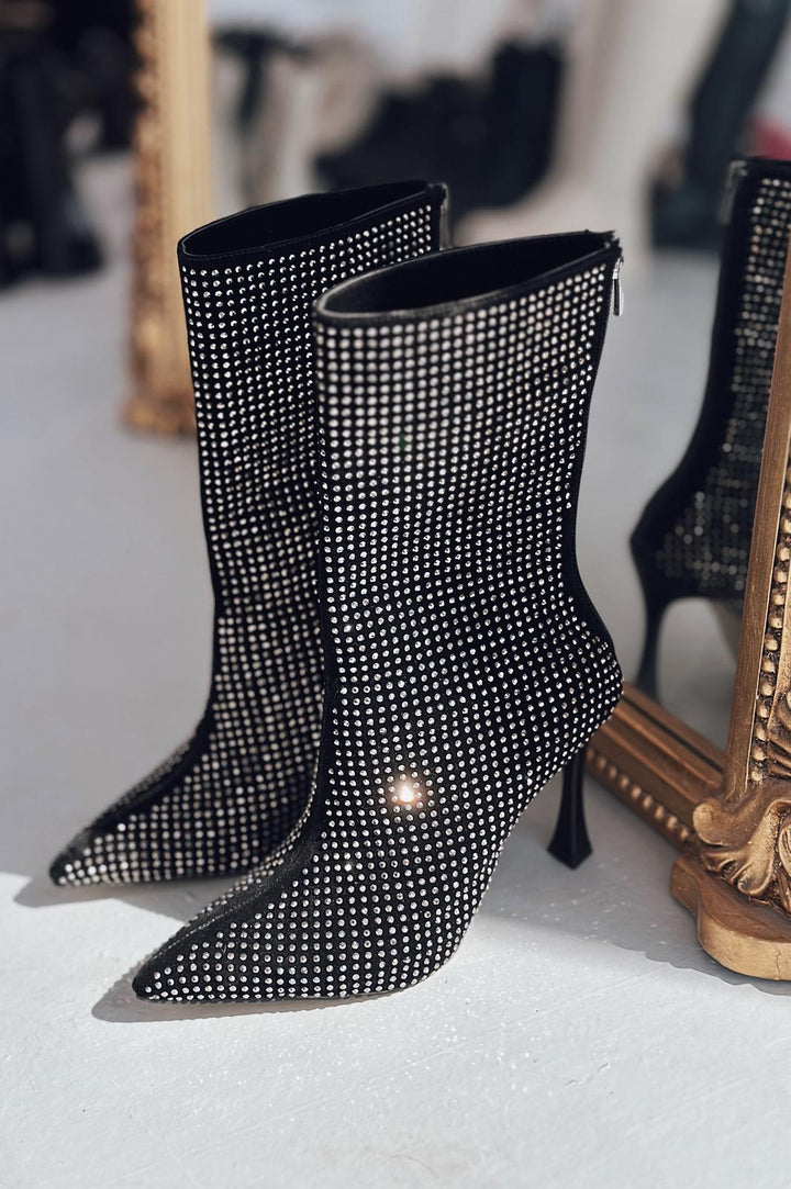 Simley Topuklu Kadın Çizme Siyah Süet Gri Taşlı - ILOVESHOES