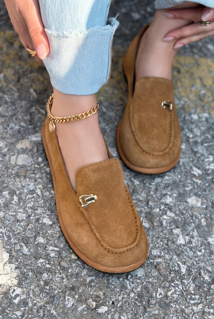 Rasen Hakiki Süet Kadın Loafer Taba - ILOVESHOES
