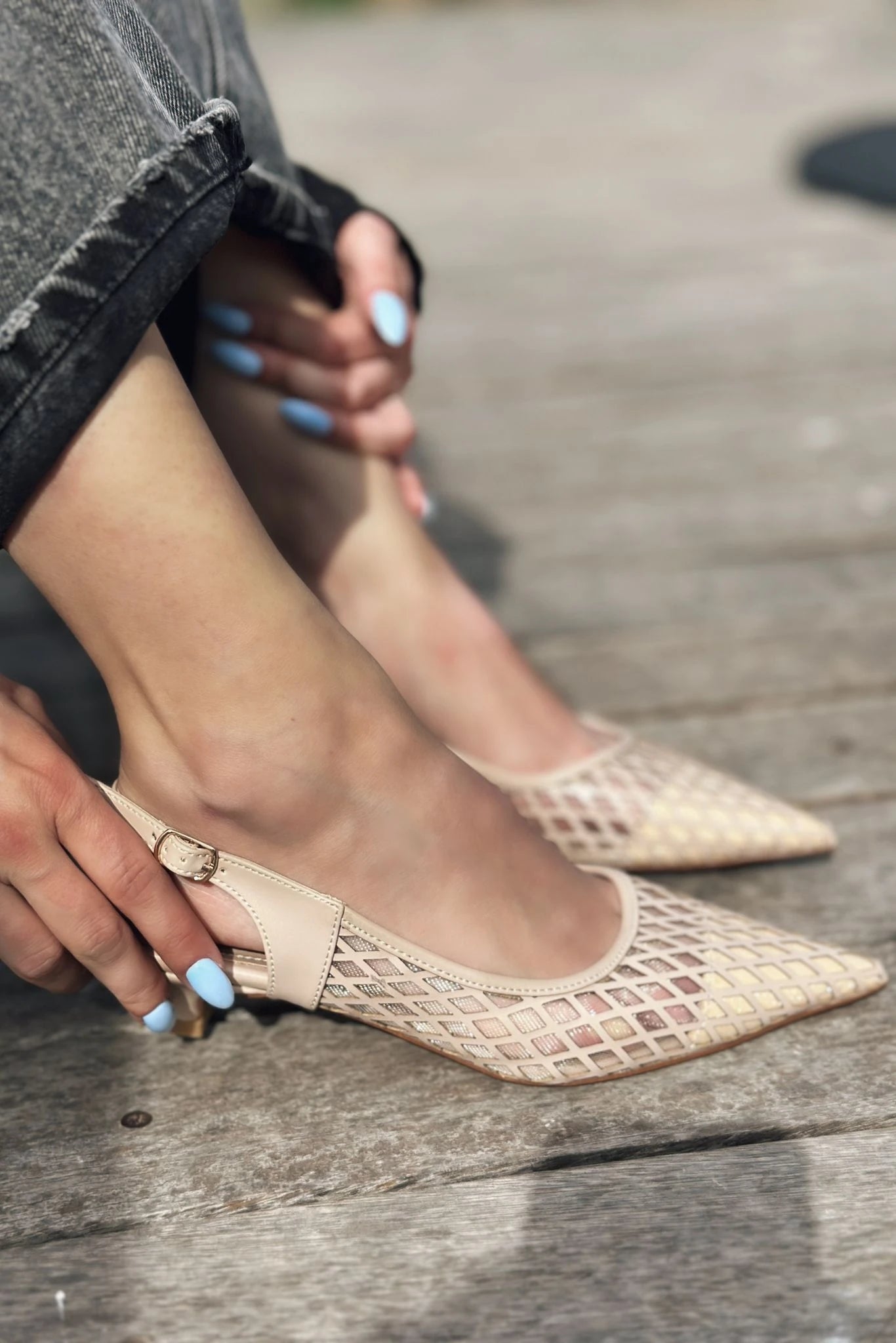 Talin Mat Deri File Detaylı Kısa Topuklu Stiletto Nude