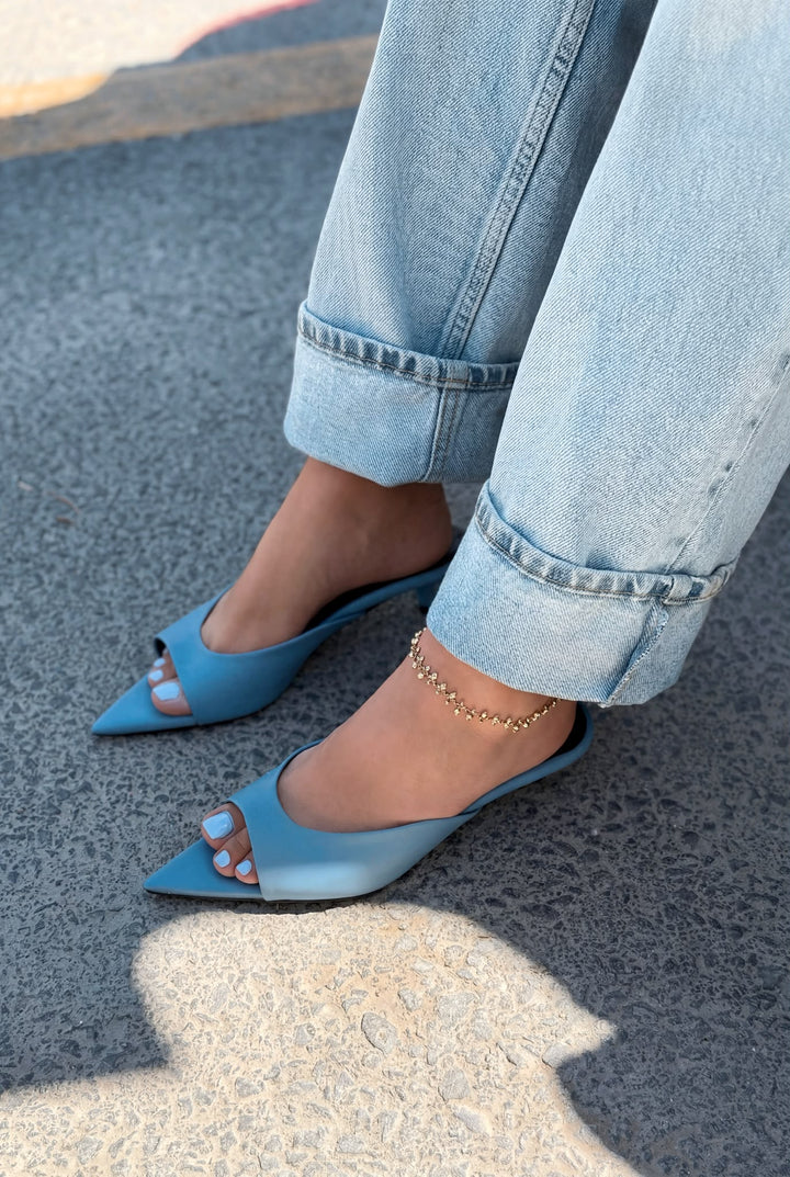 Boreni Mavi Mat Deri Kadın Topuklu Terlik - ILOVESHOES