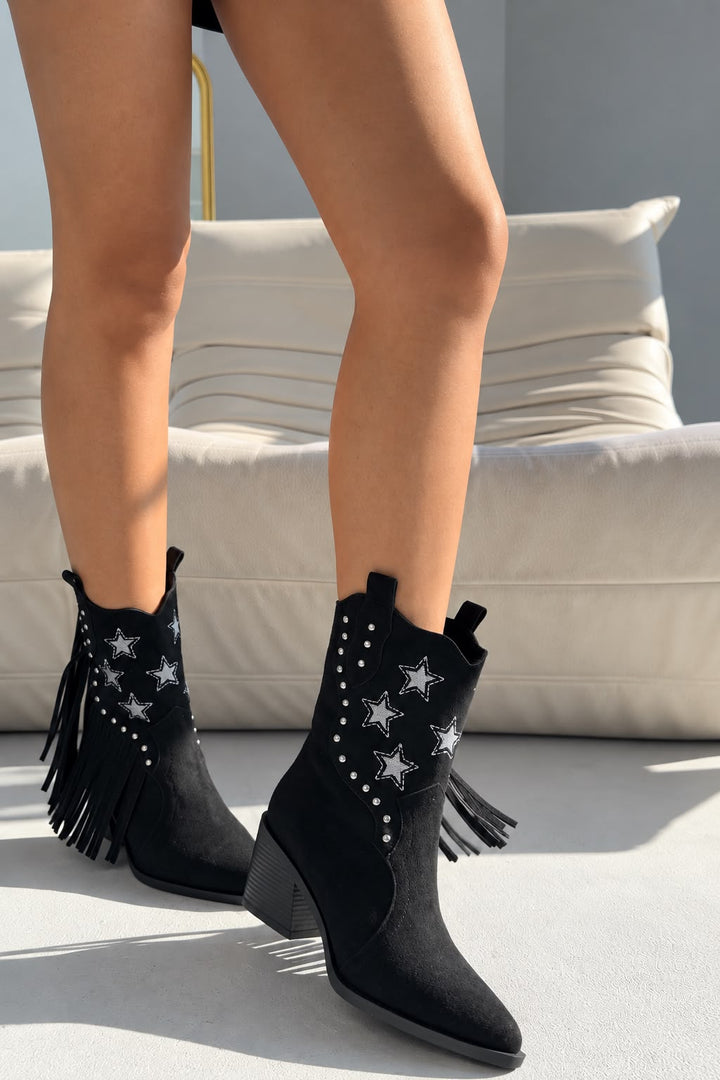 Silvene Siyah Süet Kadın Kovboy Çizme - ILOVESHOES