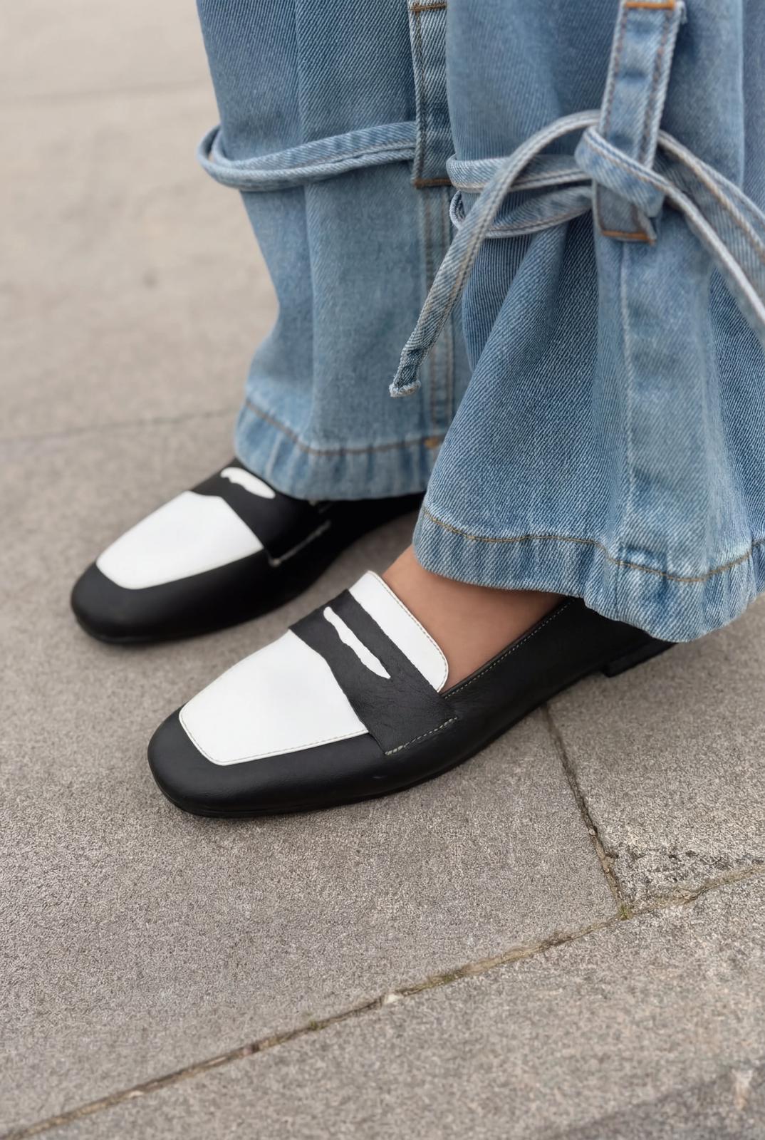 Melniel Hakiki Deri Kadın Loafer Siyah - Beyaz - ILOVESHOES