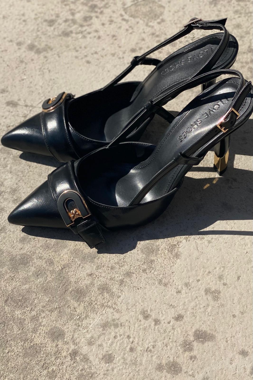 Pherlo Mat Deri Siyah Toka Detaylı Stiletto - ILOVESHOES
