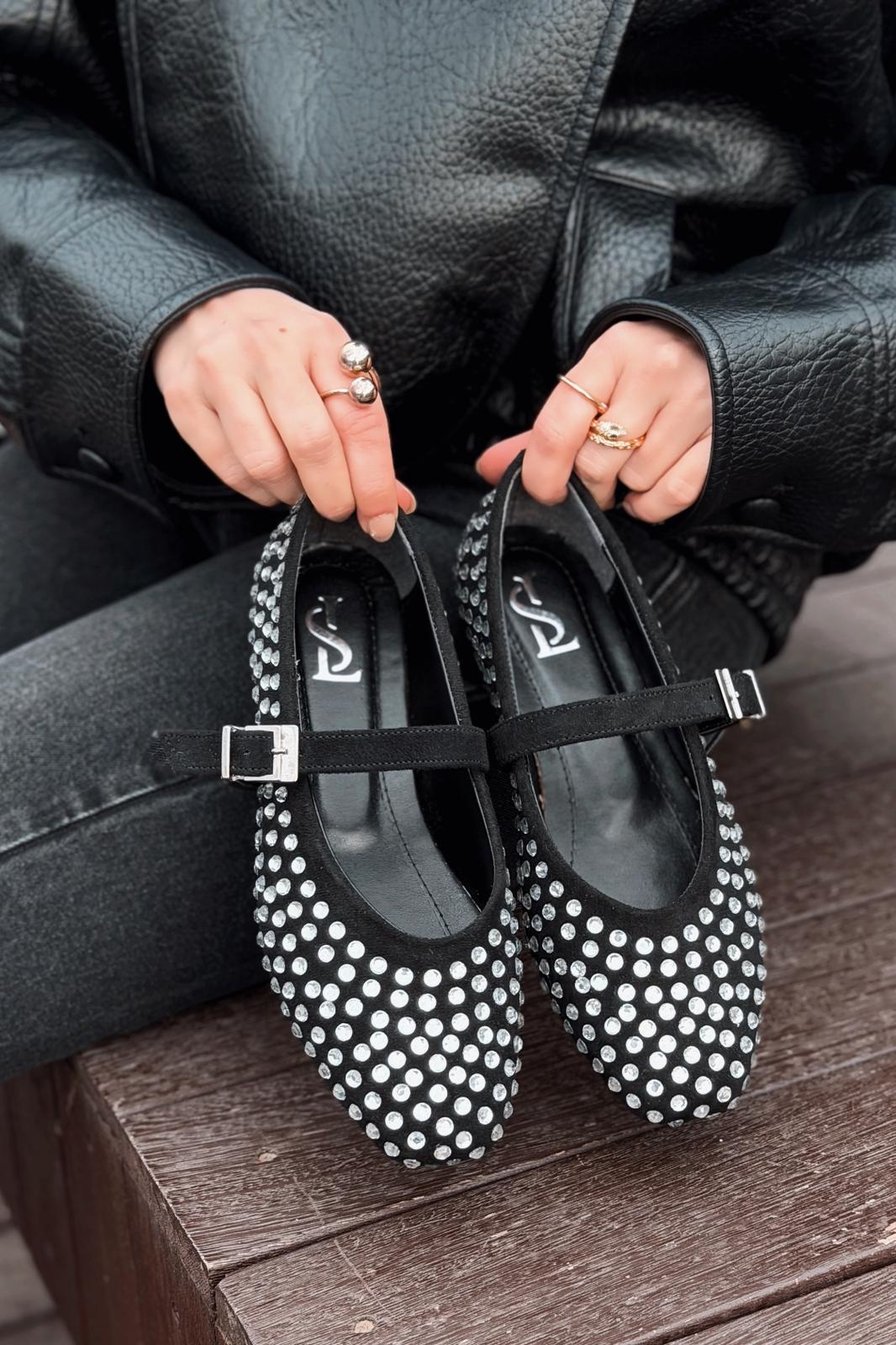 Orion Kadın Babet Siyah Süet Gri Taş Detaylı - ILOVESHOES