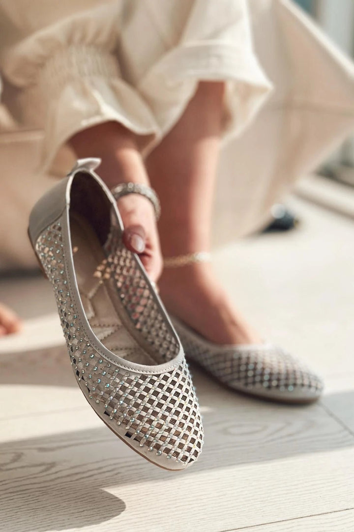 Ronetta Saten Taş Detaylı Babet Gümüş - ILOVESHOES