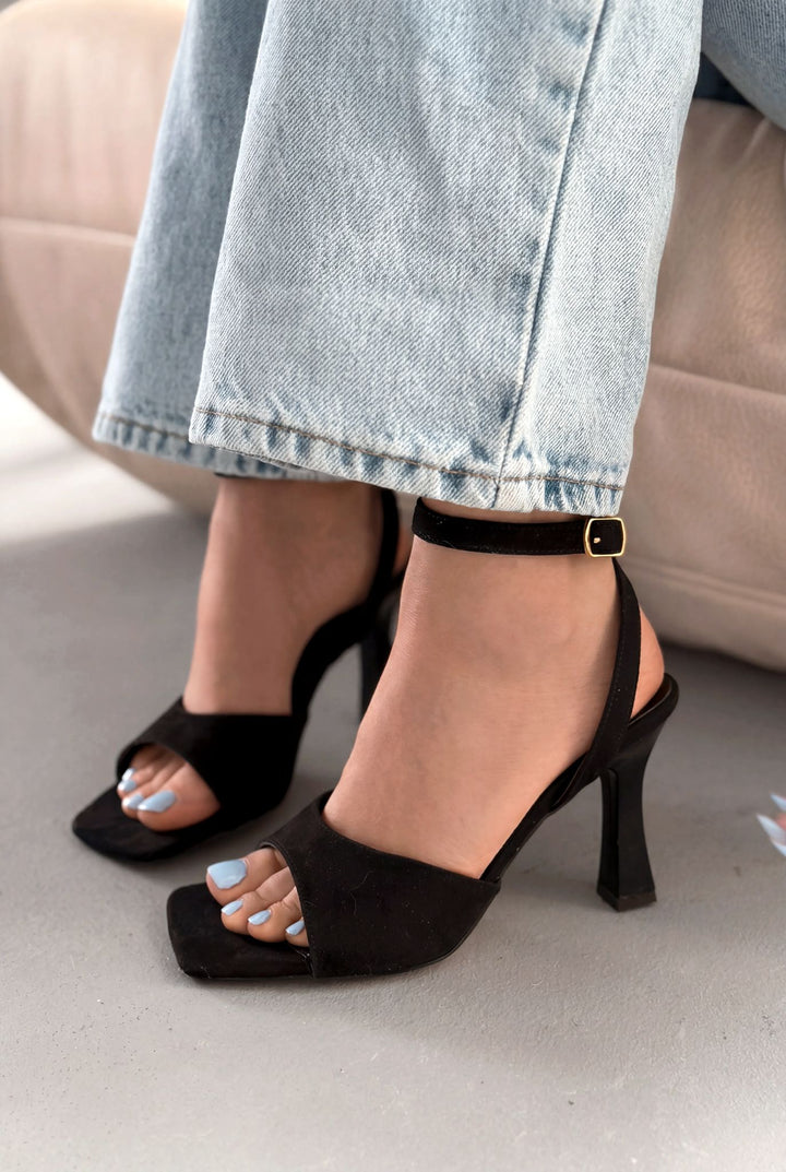 Velniel Siyah Süet Kadın Topuklu Sandalet - ILOVESHOES