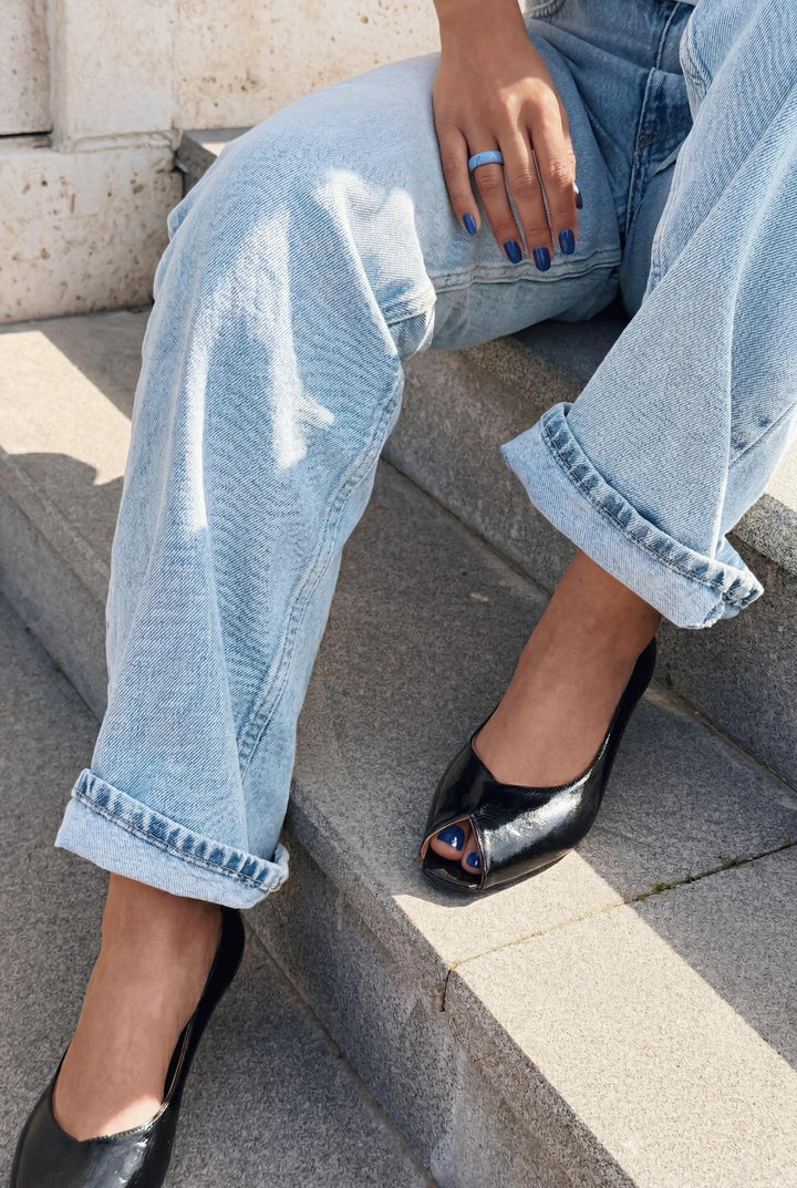 Norvion Hakiki Deri Siyah Kırışık Deri Kadın Topuklu Ayakkabı - ILOVESHOES