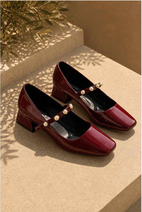 Myrel Bordo İnci Detaylı Rugan Kadın Marry Jane - ILOVESHOES