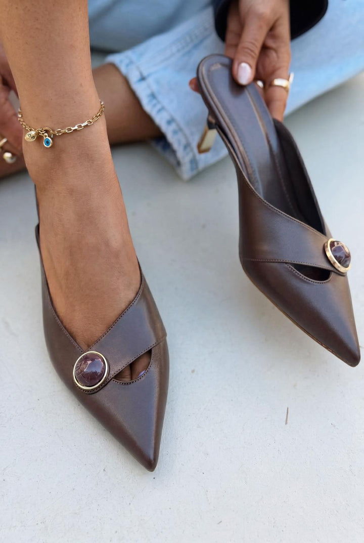 Delvor Topuklu Terlik Acıkahve Mat Deri - ILOVESHOES
