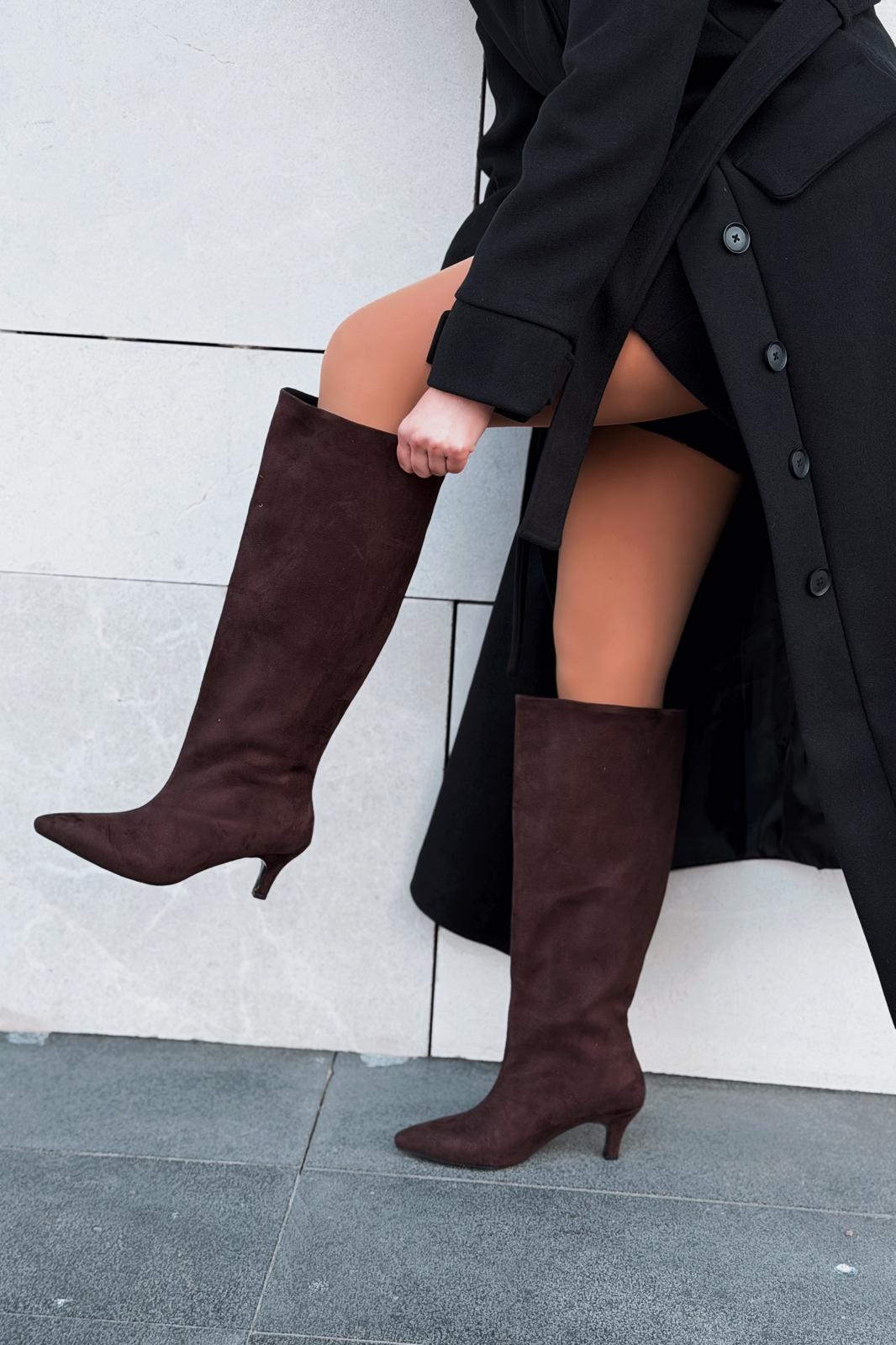 Gwen Kadın Topuklu Çizme Acıkahve Süet - ILOVESHOES