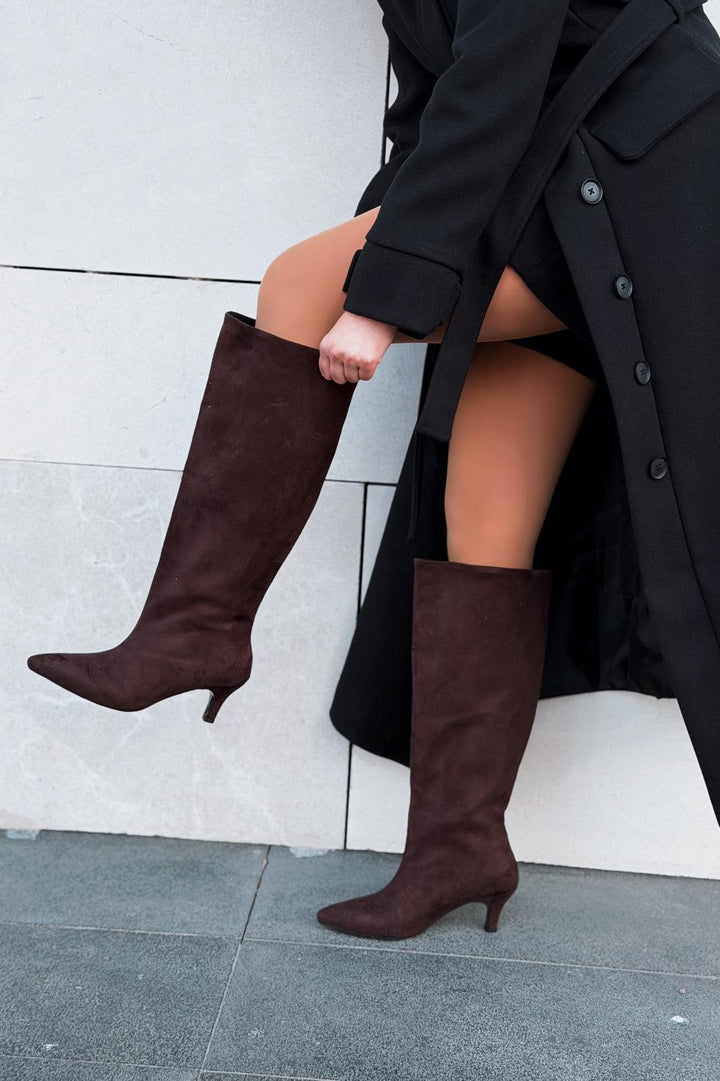 Gwen Kadın Topuklu Çizme Acıkahve Süet - ILOVESHOES